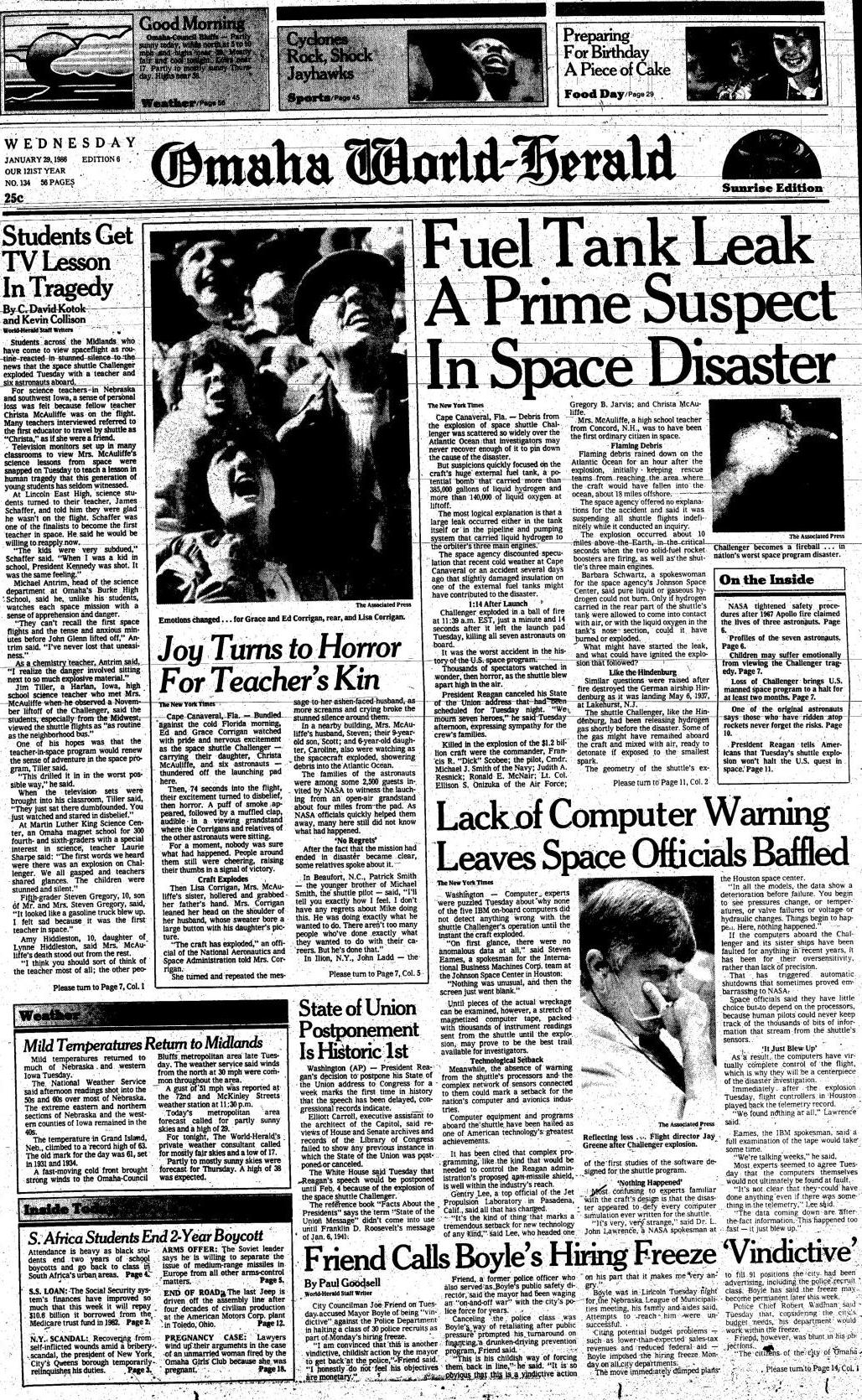World-Herald front page on Jan. 29, 1986